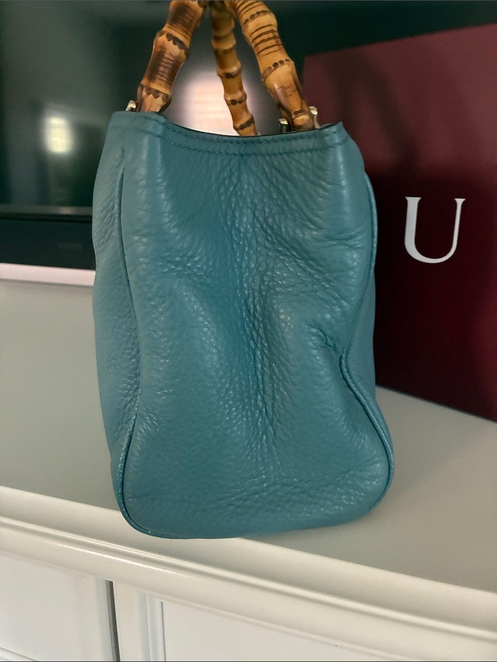 Gucci Light Blue Pebbled Leather Satchel with Bamboo Handles - Picture 3 of 16